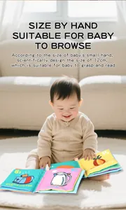 Macro shot of 12cm soft baby cloth book showing colorful animal and fruit patterns
