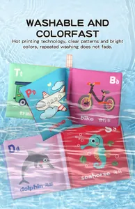 Washable baby cloth book with colorful printed alphabet and animal designs in water