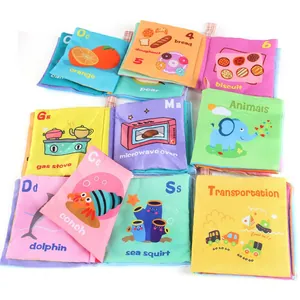 Set of colorful soft baby cloth books for early learning featuring fruits and animals