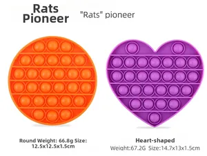 Detailed view of round and heart-shaped silicone push pop fidget toys with size specifications
