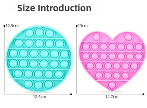 Size chart for round and heart-shaped silicone pop-it sensory fidget toy set