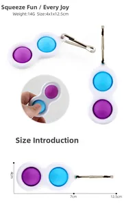 Detail view of the dual-color push pop fidget toy with dimensions and metal keychain hook
