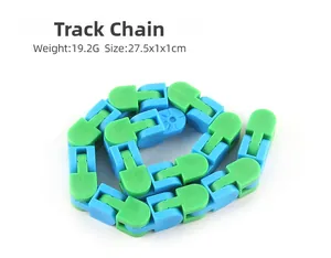 Blue and green wacky tracks fidget toy showing 27.5cm length and 19.2g weight details