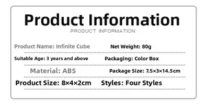 Specifications of the ABS Infinity Cube fidget toy with dimensions and weight details