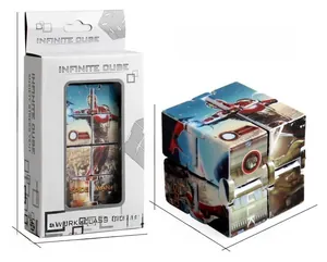 Detailed macro view of Infinite Cube stress toy with superhero theme and packaging box
