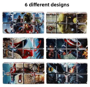 Infinite Cube stress toy showing 6 different patterns of Marvel and DC superheroes