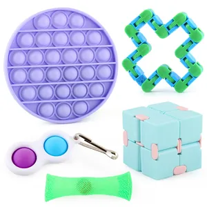 5-piece sensory fidget toy set with bubble popper, wacky track and infinity cube on white background