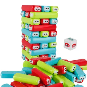 Colorful stacking block game with cartoon faces and dice for kids interactive play