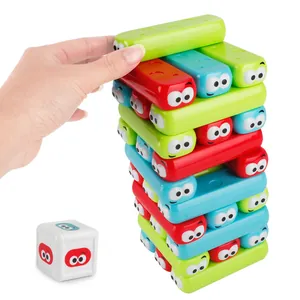Colorful stacking block game for kids with cartoon eye patterns and a game dice