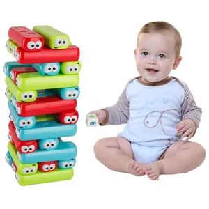Colorful cartoon expression stacking block tower with dice and baby model on white background