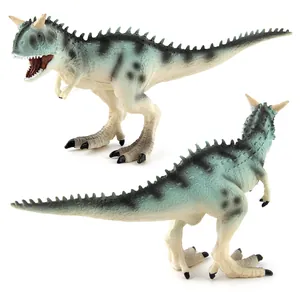Detailed views of a Carnotaurus dinosaur model featuring green skin and sharp dorsal spines