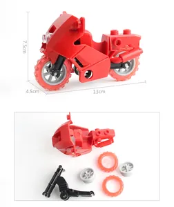 Detail view of red DIY building block motorcycle parts with dimensions 13x4.5x7.5cm