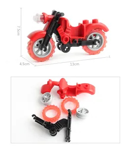 Detailed exploded view of DIY building block motorcycle parts with size measurements