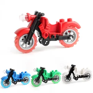 Set of large building block motorcycle models in red, blue, green, and white colors