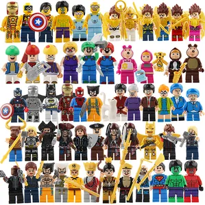 Assorted superhero and cartoon building block minifigures with weapons on white background