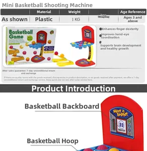 Detailed tabletop basketball game showing packaging, assembly, and launch base
