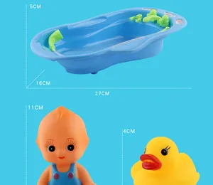 Detail view of baby bath toy set with dimensions of blue tub and small yellow duck