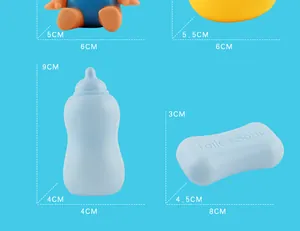 Detailed dimensions of blue baby bath toy set including soap, bottle, doll and duck