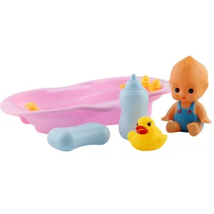 Baby doll bathtub play set including pink tub, rubber duck, doll, soap and bottle
