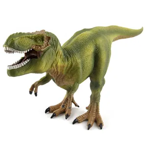 Realistic Tyrannosaurus Rex dinosaur model in roaring pose with detailed green skin texture