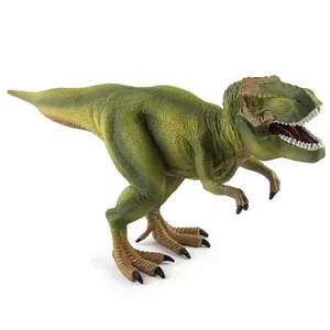 Macro detail of the green T-Rex dinosaur toy showing realistic skin texture and sharp teeth