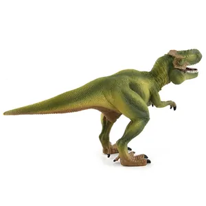 Detailed side view of green T-Rex dinosaur toy with realistic skin texture and open jaw