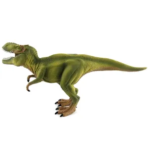 Detailed side view of green T-Rex dinosaur toy with realistic skin texture on white background
