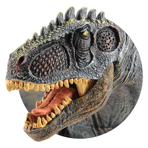 Realistic Giganotosaurus dinosaur toy head with detailed scales and sharp yellow eyes