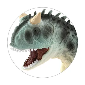 Close-up of Carnotaurus dinosaur toy showing detailed scales and sharp head horns