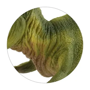 Close-up of T-Rex dinosaur toy showing realistic skin texture and green scale details