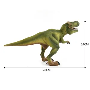 Detail view of T-Rex dinosaur model with green scales showing 28cm length and 14cm height