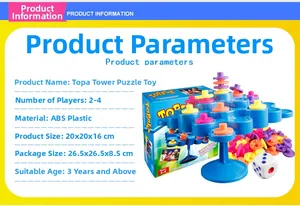 Detailed specifications of the balancing tower board game with product dimensions and age guide