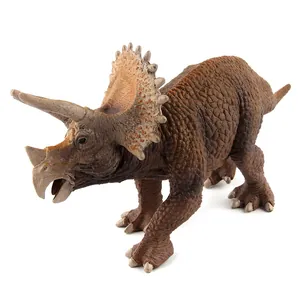 Realistic brown Triceratops dinosaur toy model with detailed skin texture on white background