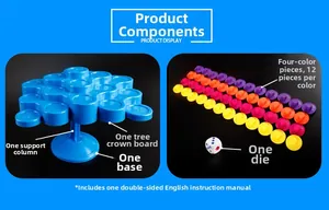 Detailed components of balance tower game including colorful blocks, base and dice
