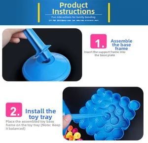 Assembly guide showing blue plastic base and pillar setup for a balancing tabletop game