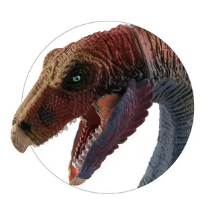 Close-up of Therizinosaurus dinosaur model toy head with realistic skin texture