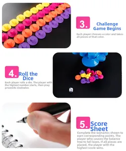 Detailed game rules and colorful plastic pieces for balancing tower tabletop puzzle