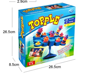 Detailed view of Topple balance board game packaging with 26.5cm dimensions and rules