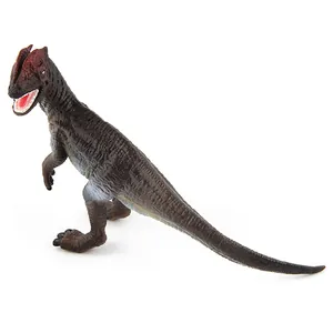 Detailed view of the skin texture and red crests on a Dilophosaurus dinosaur toy