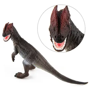 Realistic Dilophosaurus dinosaur figure in dark brown with signature red head crests