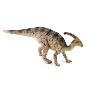 Detaillierte Hautstruktur eines Parasaurolophus Saurier-Spielzeugmodells in Gelb und Grau