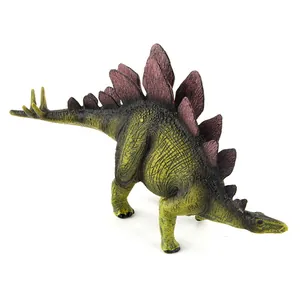 Realistic Stegosaurus dinosaur model with yellow-green skin and purple plates on white background