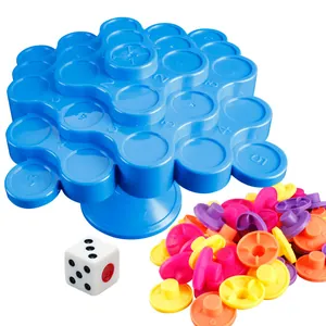 Blue balance stacking tower game with colorful figures and dice for family puzzle fun