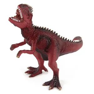 Realistic Giganotosaurus dinosaur toy model in dark red with detailed scales on white background