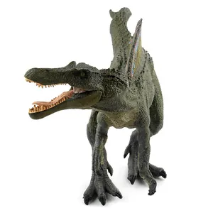 Realistic Spinosaurus dinosaur toy model with green skin and colorful dorsal sail
