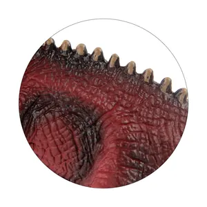 Detailed view of the realistic red and black textured skin and dorsal spines of the dinosaur model