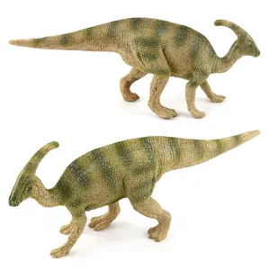 Detaillierte Ansicht der Parasaurolophus Saurierfigur in Sandgelb mit grünen Streifen