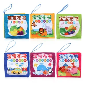 Set of 6 educational baby cloth books with colorful animal and fruit themes and lanyards