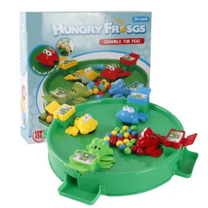 Interactive hungry frog board game with four colorful frogs and marble feeding beads