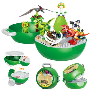 Detail of dinosaur building blocks set featuring storage egg case and figurines